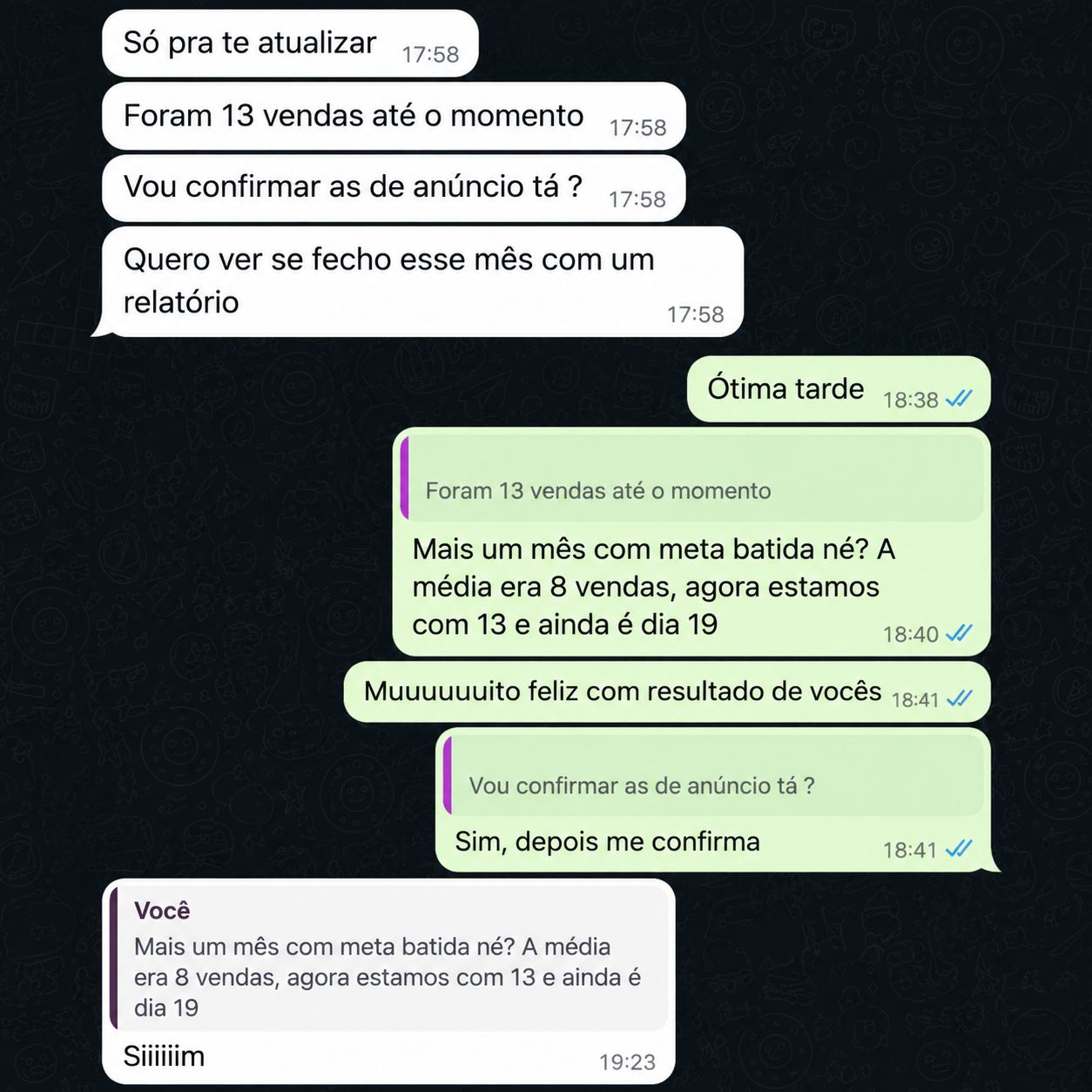 Conversa com relato de 13 vendas até o dia 19, acima da média de 8 vendas