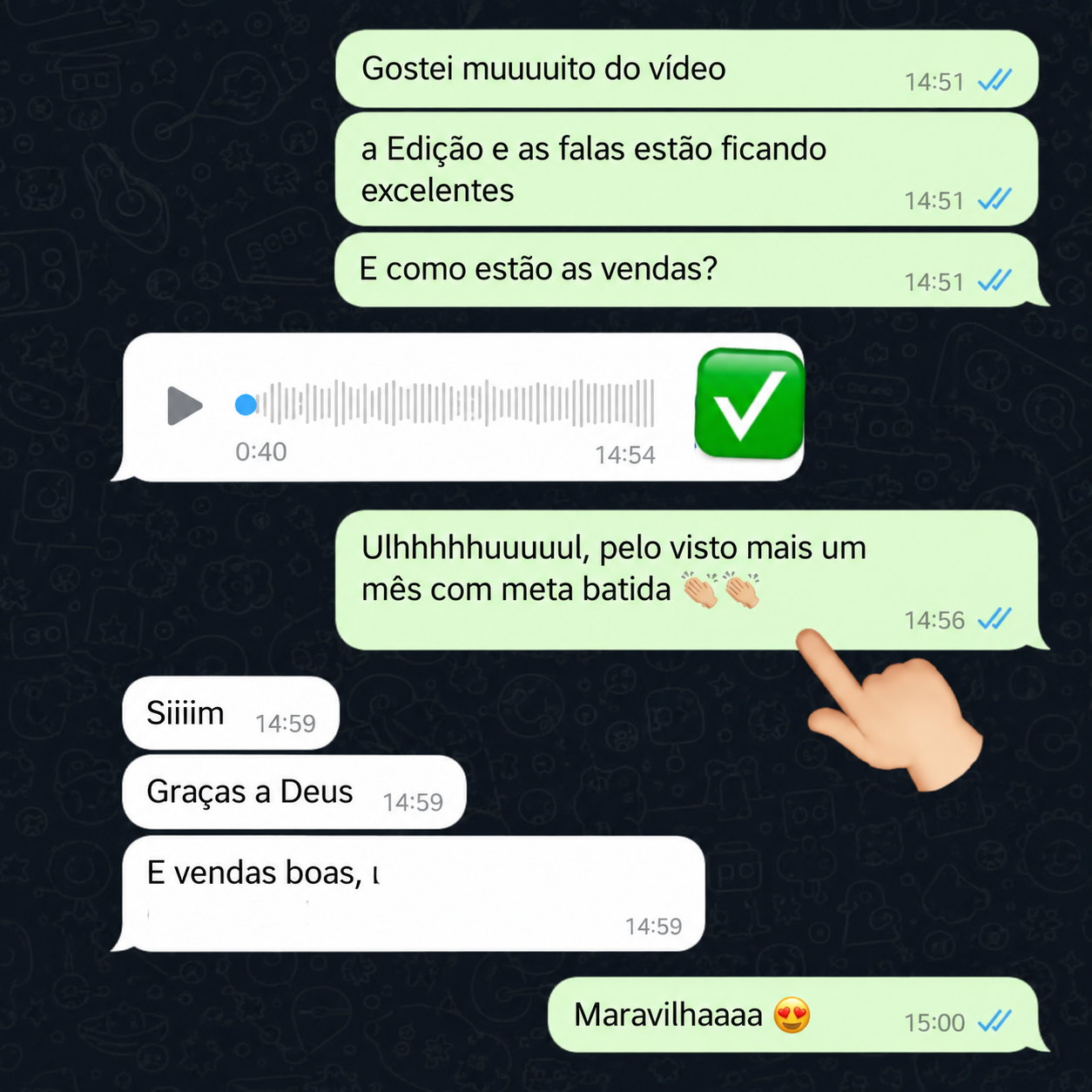 Conversa com relato de mais um mês com a meta de vendas batida